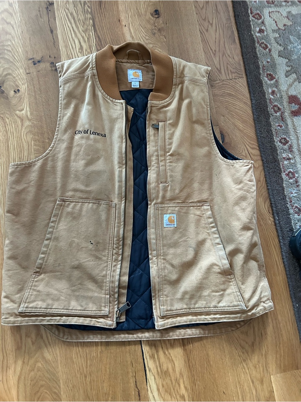 Carhartt Tan Work Vest with Navy Quilted Lining